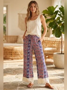 No Boundaries Boho Palazzo Pants Wide Leg lightweight Smocked Waist Lace Trim S